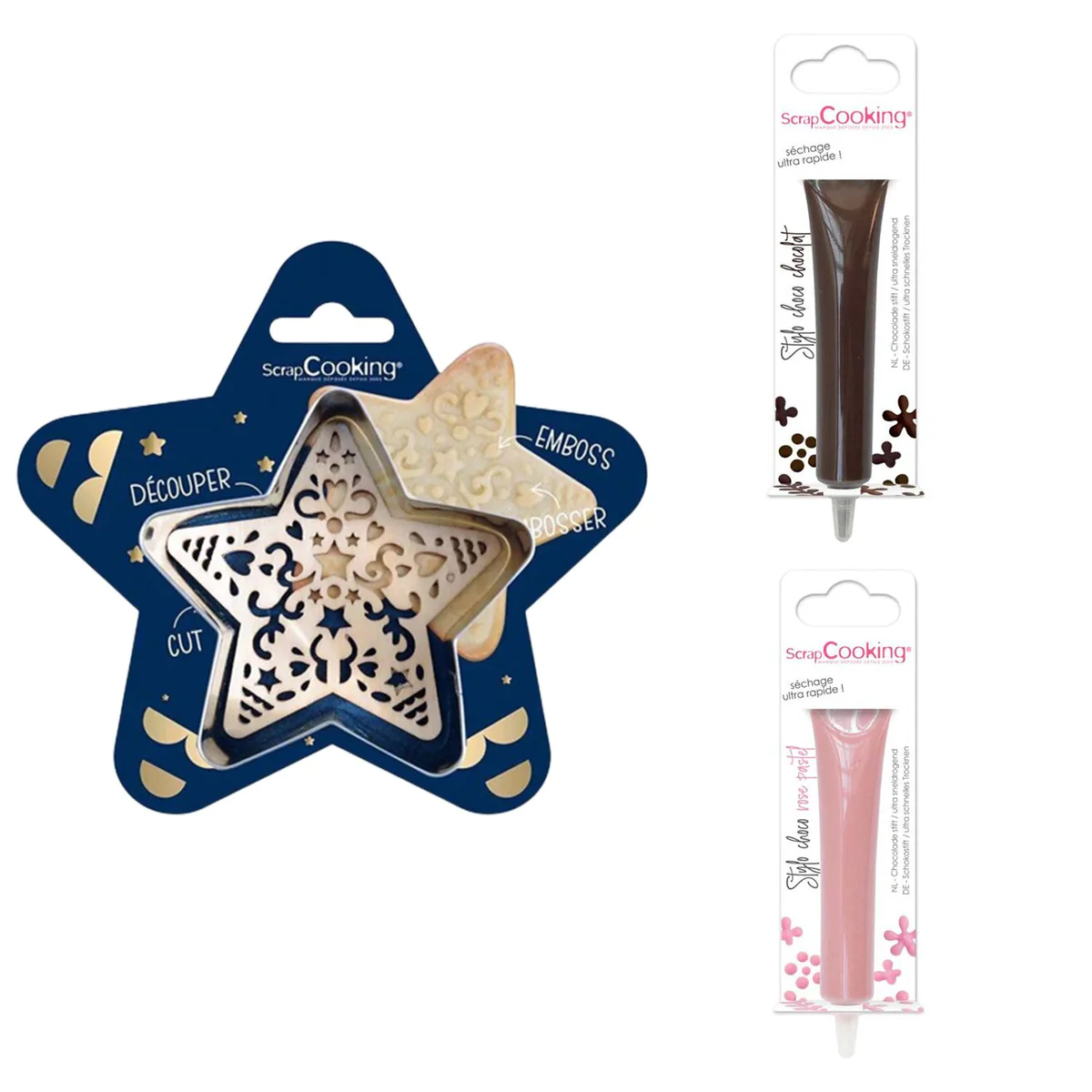 Kit pour biscuit en relief Étoile + 2 Stylos au chocolat marron et ros