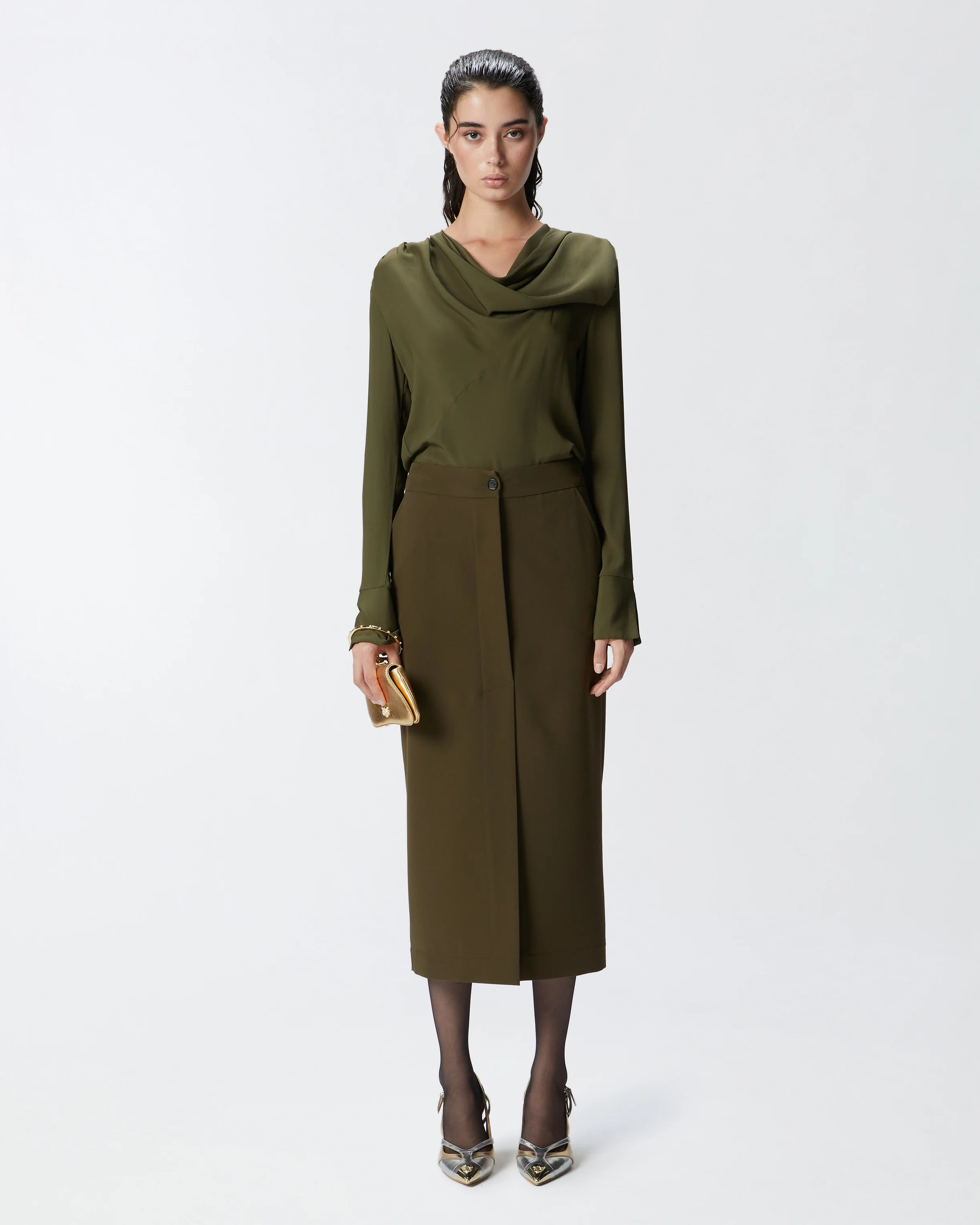 Blouse fluide mélangée à grande écharpe | Vert