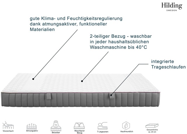 Hilding Sweden Visco-Matratze »Hej! Visco-Matratze, 7 Zonen Premiumqualität« 20 cm hoch Raumgewicht: 35 kg/m³ 1-tlg., 1 Stk. tlg. 90x200 & weitere Grössen, ergonomisch, atmungsaktiv, orthopädisch