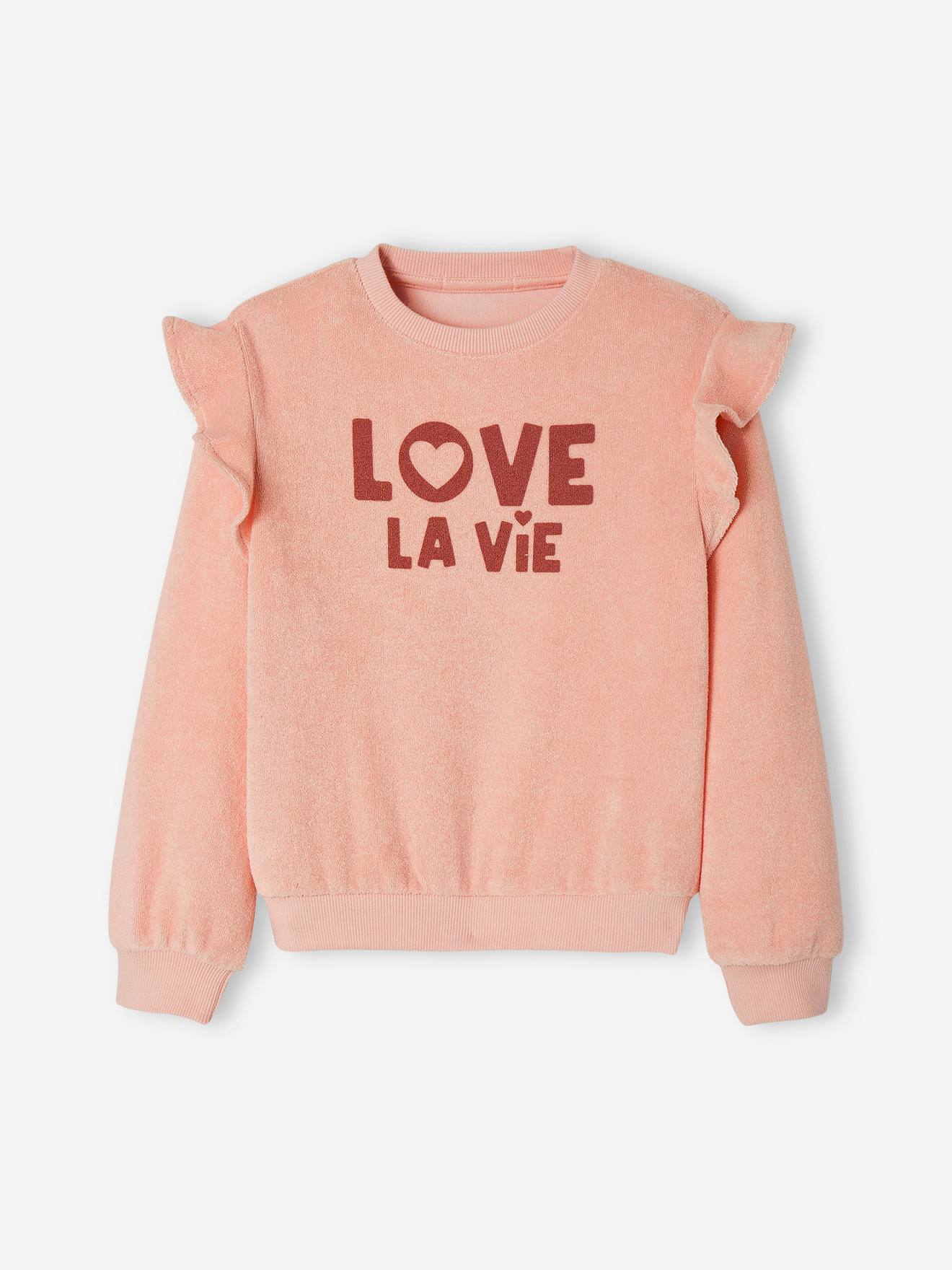Blusa de moletom rosa claro com babados em tecido atoalhado para meninas