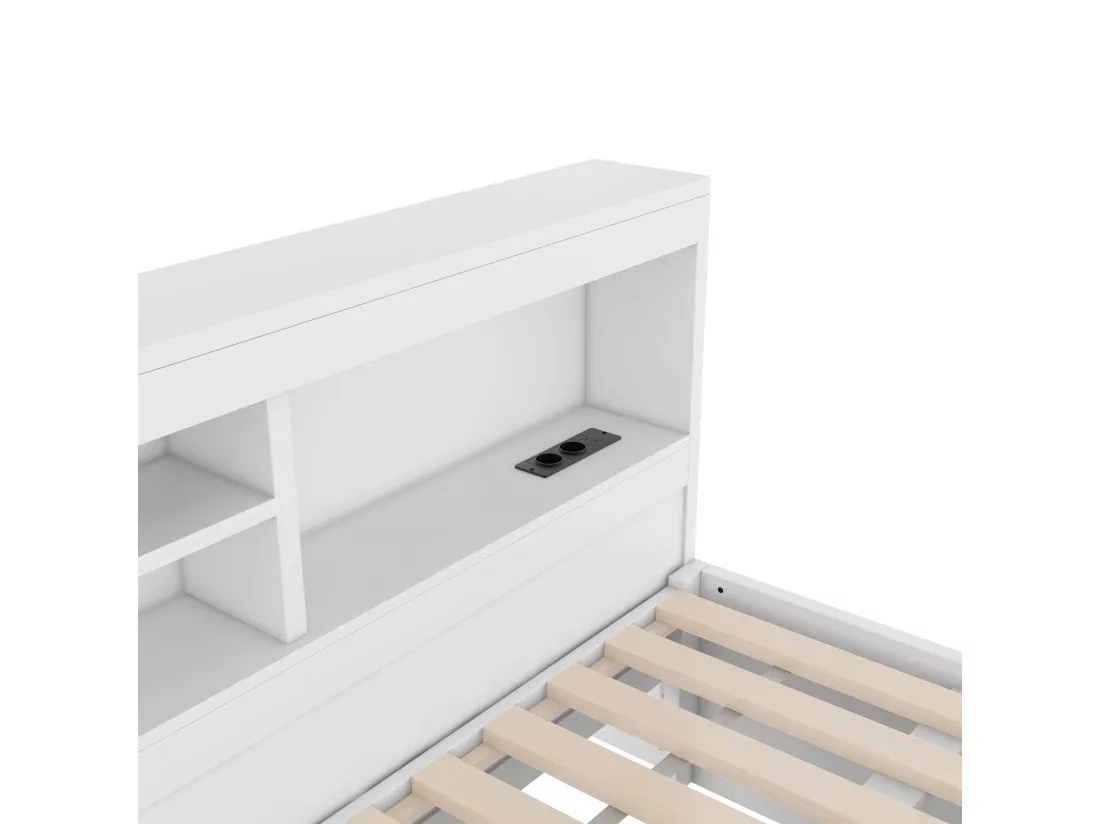 Lit banquette 140x200cm avec un lit gigogne 90x190cm - chevet de rangment avec LED et prises - Blanc