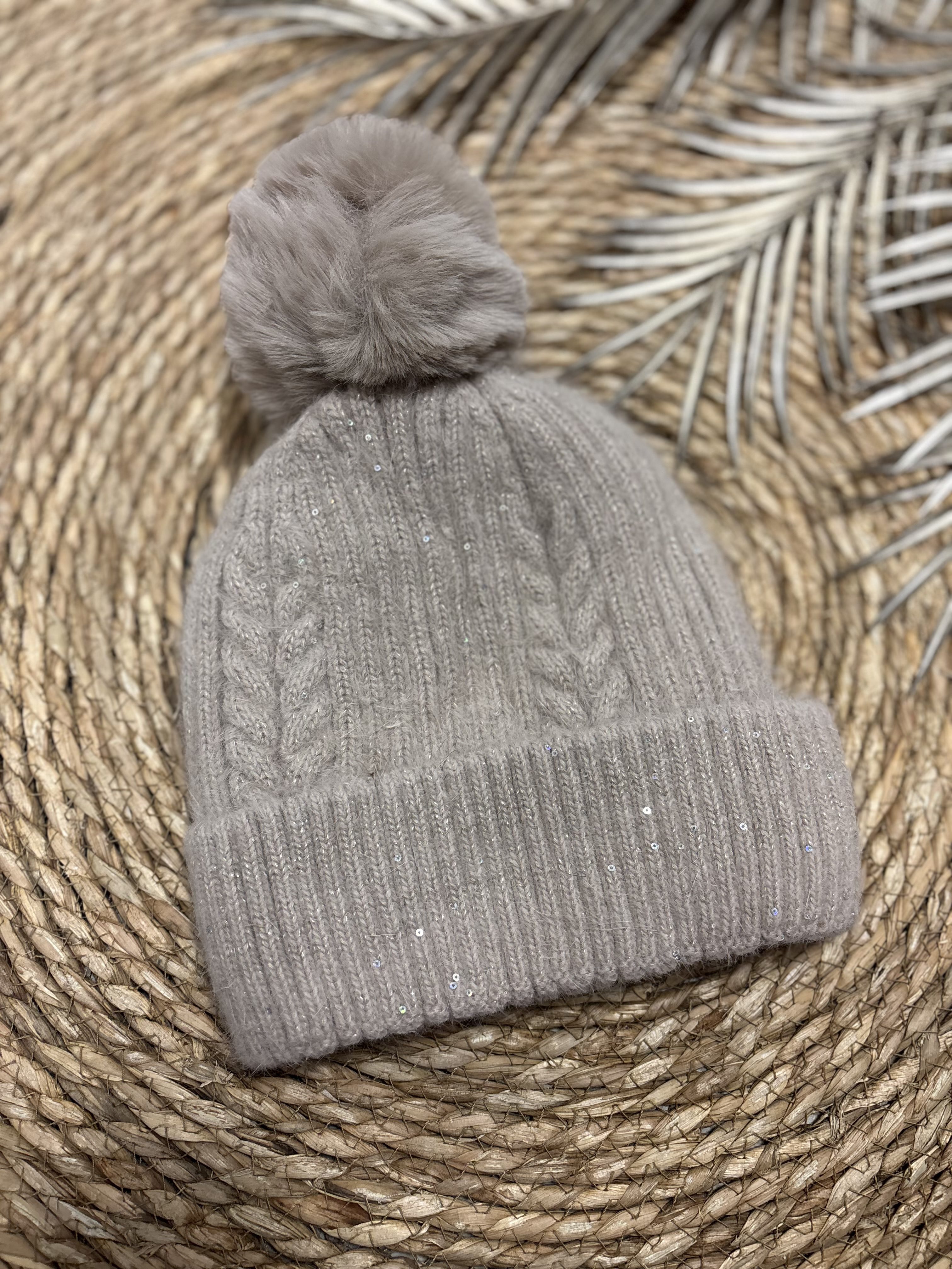 Glitter Muts Met Pom Taupe