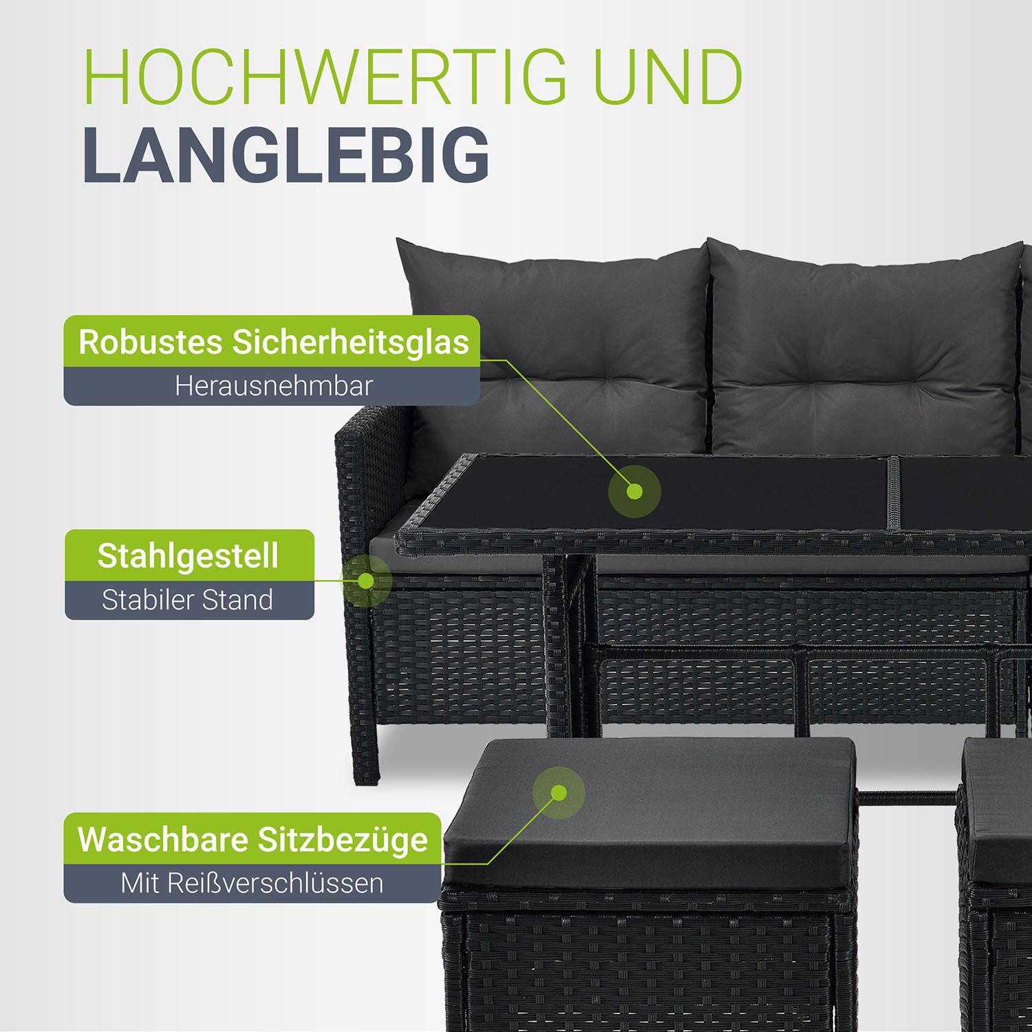 Juskys Gartenlounge Manacor schwarz - Sofa, Tisch, Hocker & Kissen - 7 Personen - Sitzbezüge in Grau