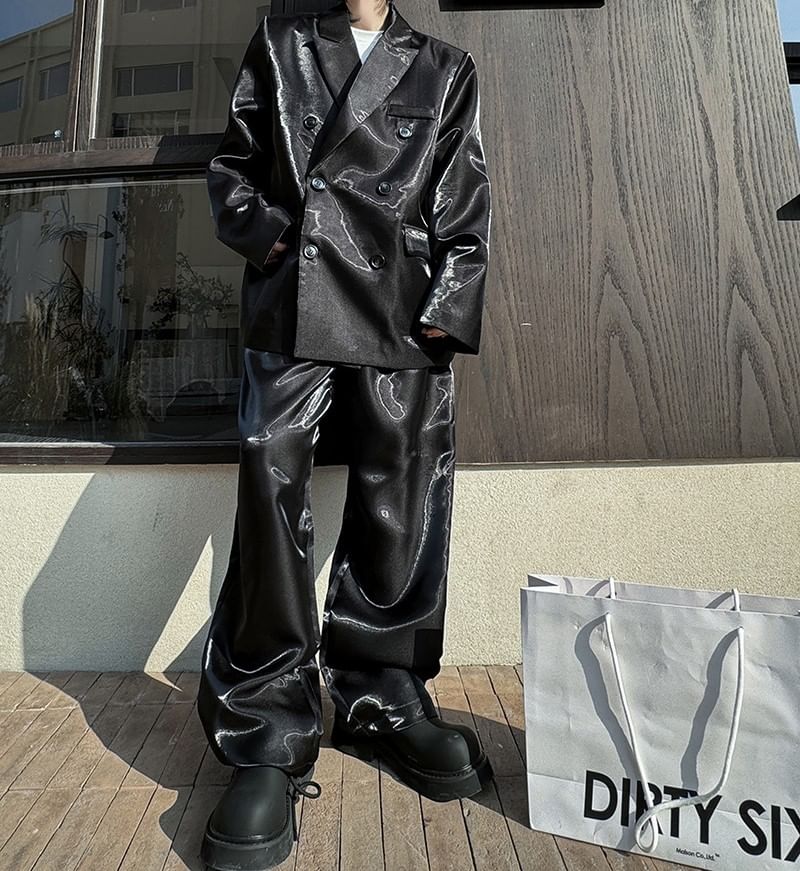 Omozando - Set: Dubbelrijs blazer + Hoge taille wijde broek