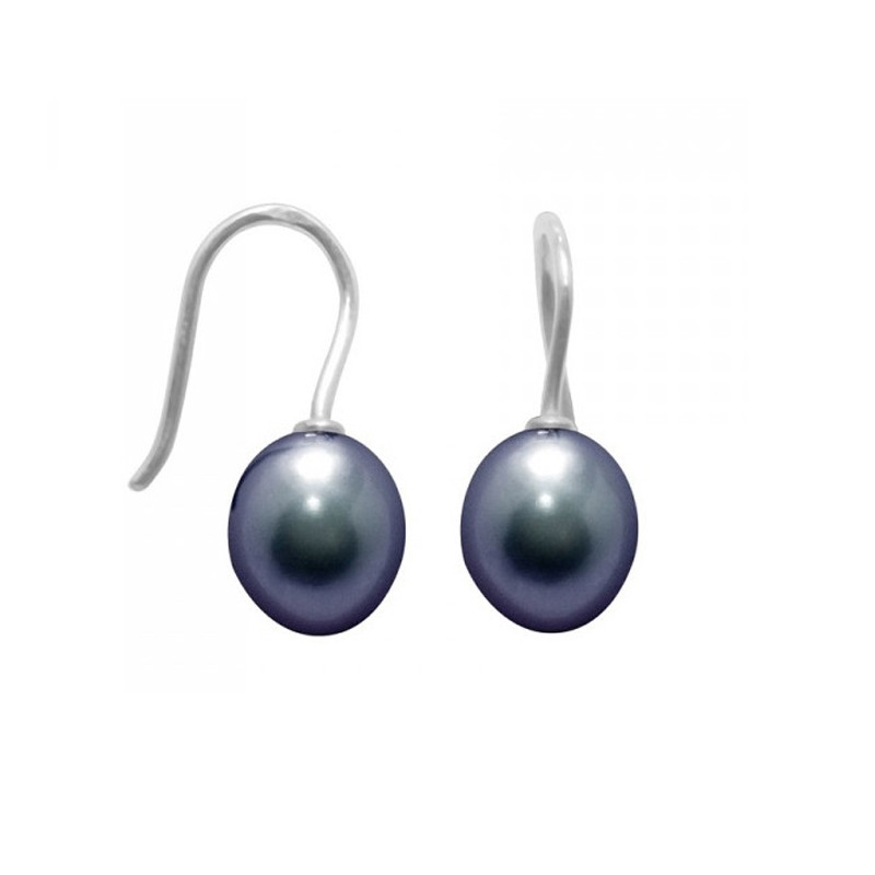 Boucles d'Oreilles Femme à crochets Perles de Culture Noires et Argent 925/1000