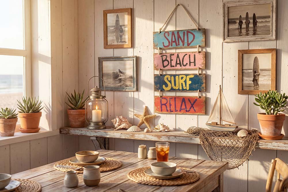 Maritimes Wandschild SURF & BEACH 110cm buntes Holzdesign Deko-Schild