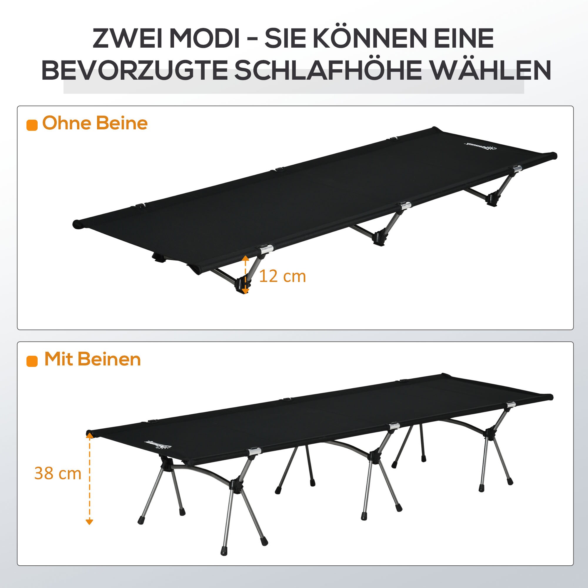 Outsunny Feldbett mit Tragetasche schwarz 190L x 65B x 38Hcm
