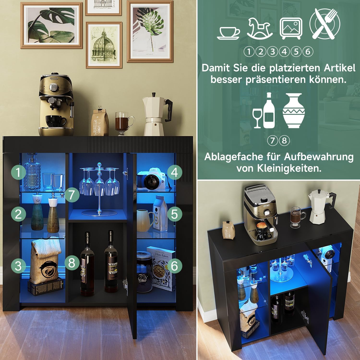 Kommode Sideboard mit LED-Leuchten Schwarz Beistellschrank mit 1 Türen und Offene Glas Regale modern Küchenschrank für Wohnzimmer 90 x 35 x 83cm