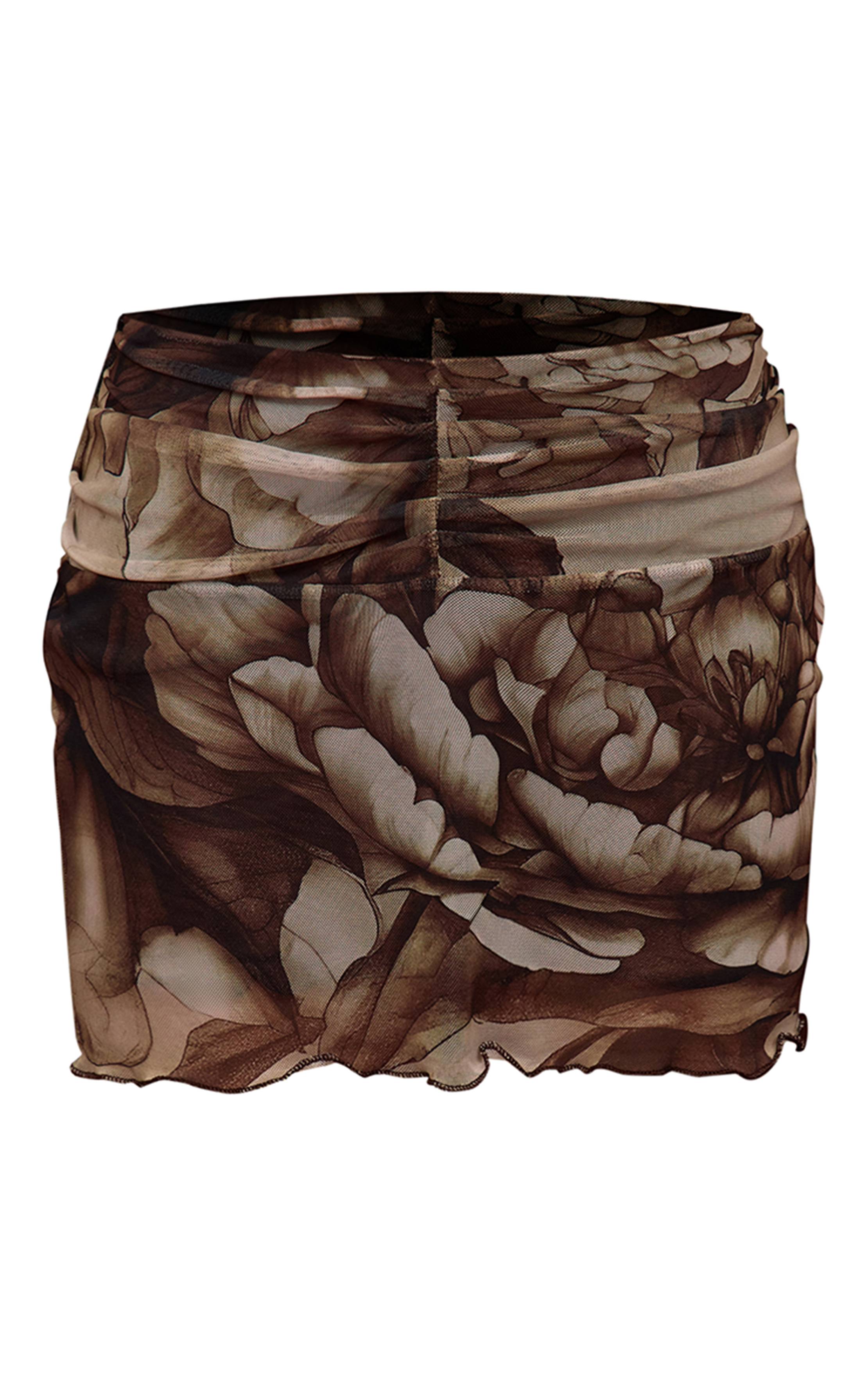 Deep Taupe Ensemble Jupe Courte Moulante En Mesh À Imprimé Floral Taupe Foncé