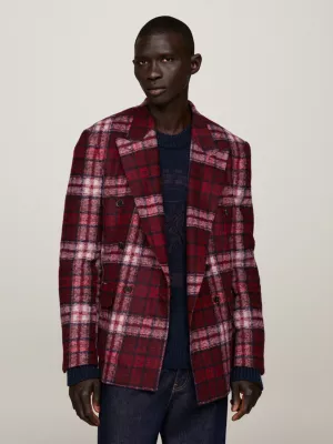 Blazer de corte reto com estampa xadrez tartan, unissex e abotoamento duplo.