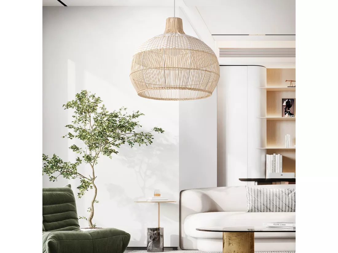 Luminaire suspension en rotin blanc d40 cm x h40 cm
