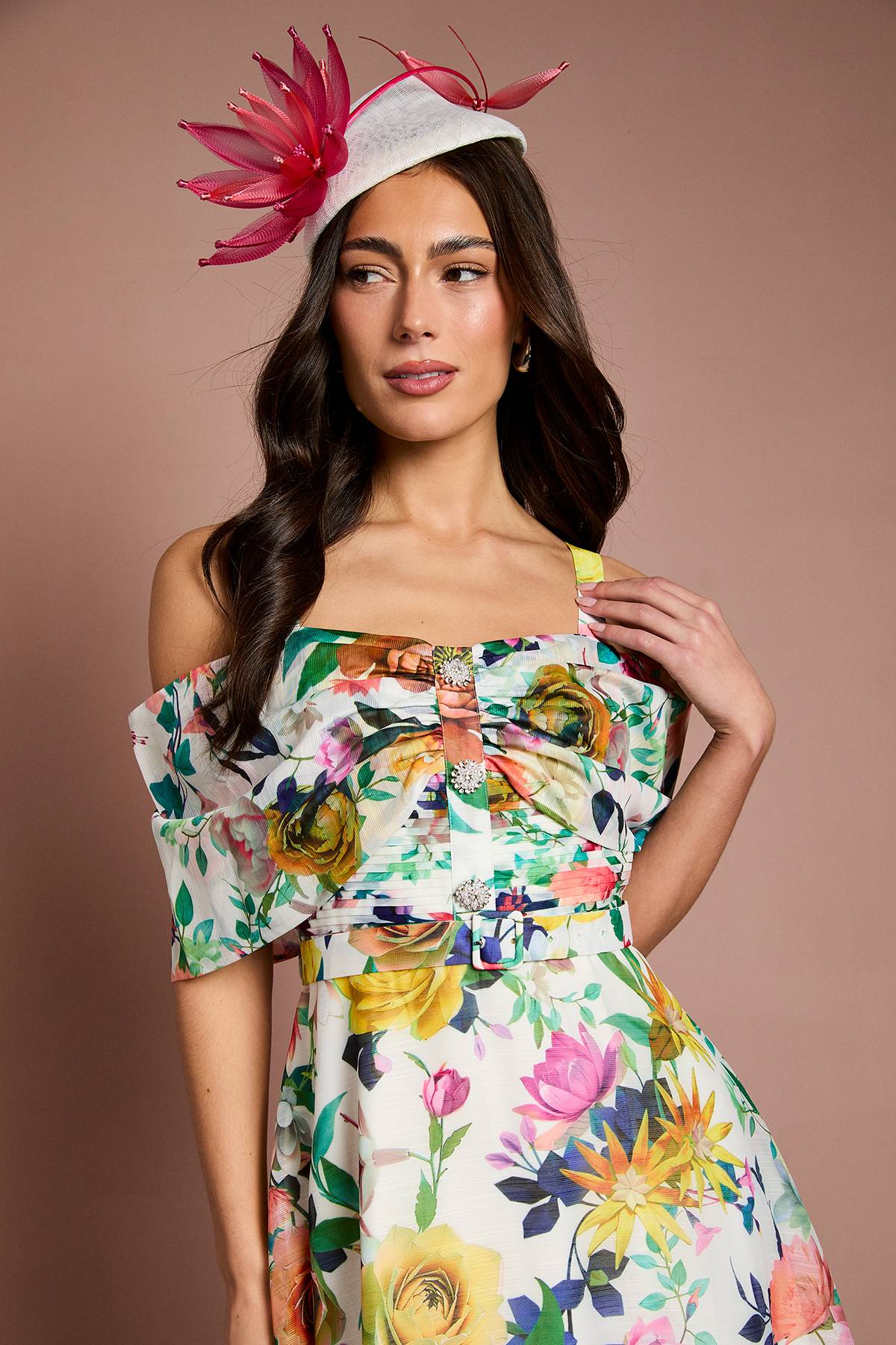 Coast Robe Midi Lisa Tan À Jupe Ample Et Col Bardot