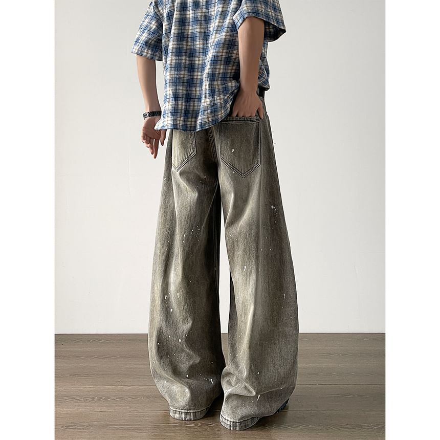 Filmas - Mid Rise Splash Print Washed Wide Leg Jeans