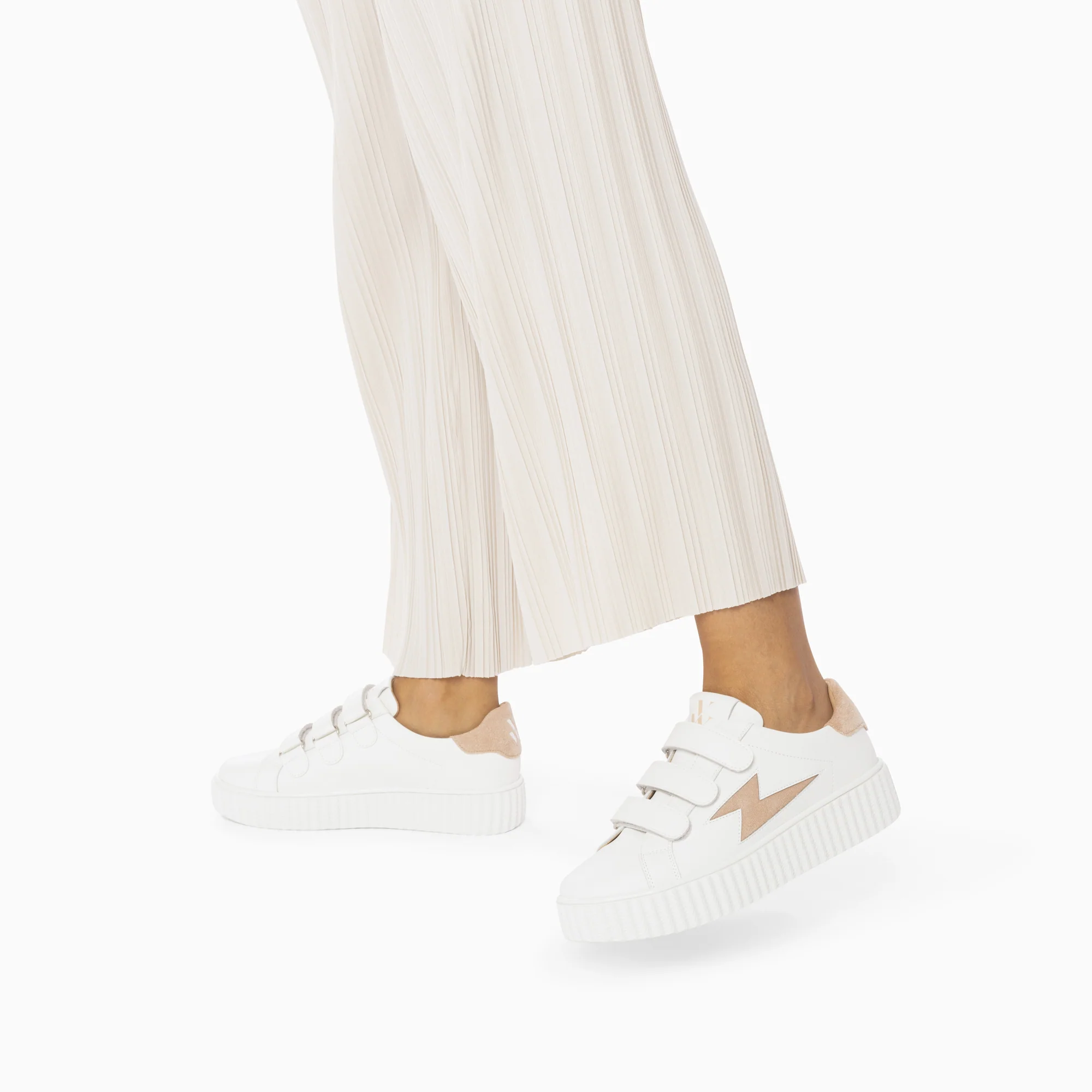 Sneakers-Baskets éclair Vicky blanc et beige à scratchs
