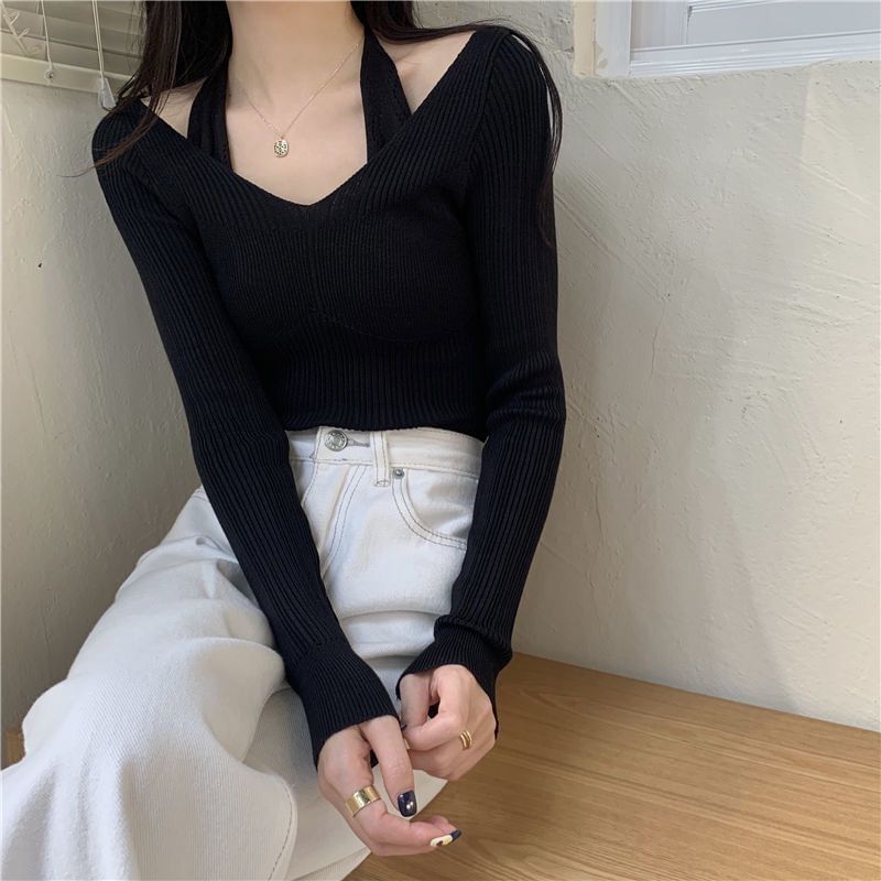 Hevnir - Tweedelige geribbelde, slim fit gebreide top met lange mouwen en halternek