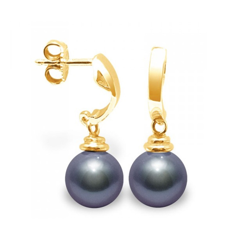 Boucles d'Oreilles Pendantes Perles de Culture d'eau douce Noires et or jaune 375/1000