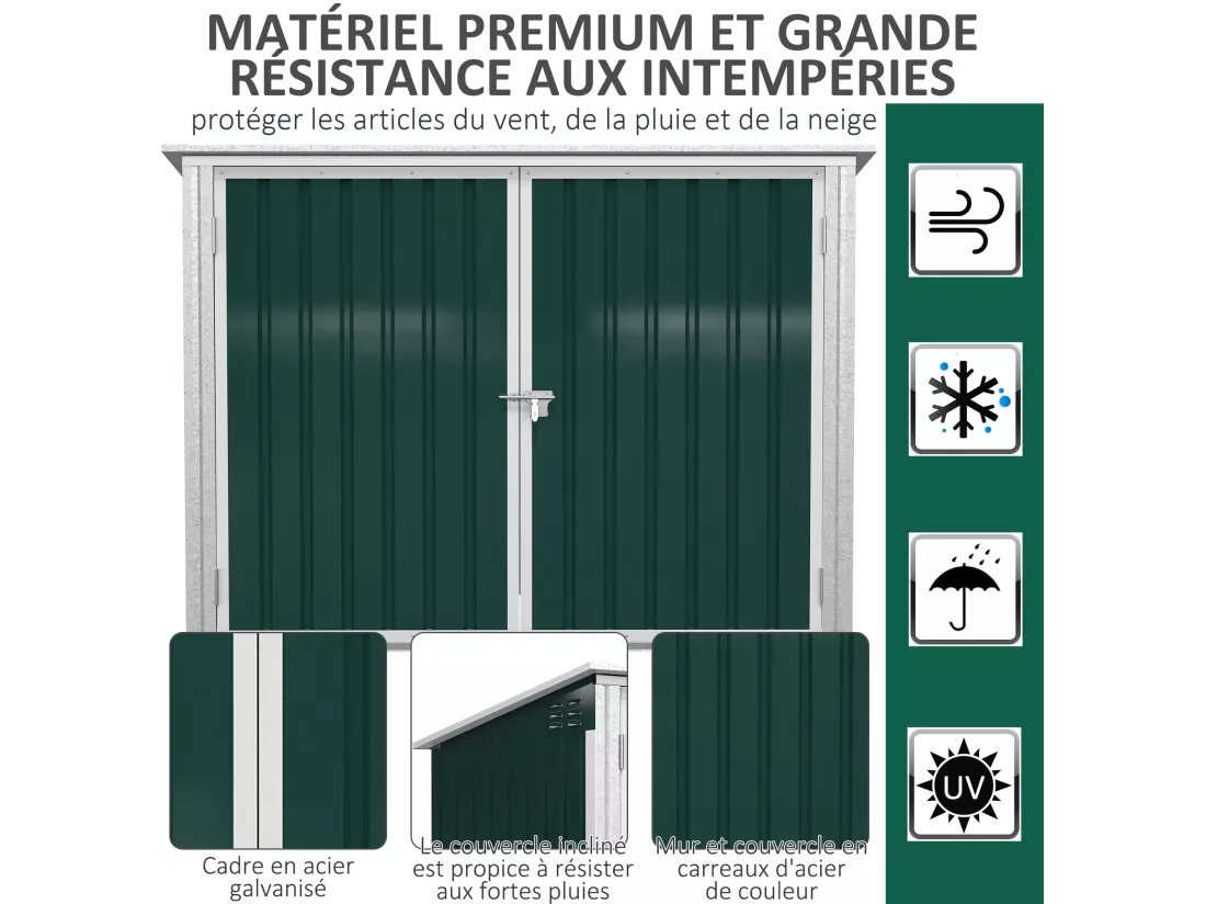 Abri de poubelle jardin - cache poubelle - 2 portes verrouillables, toit ouvrant - tôle d'acier blanc vert