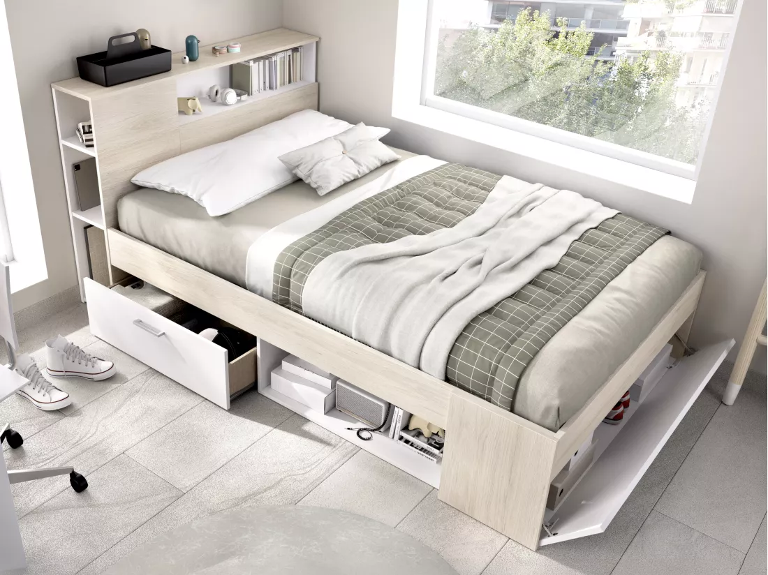 Lit avec tête de lit rangements et tiroir - 120 x 190cm - Coloris : Naturel et blanc + Sommier - LEANDRE