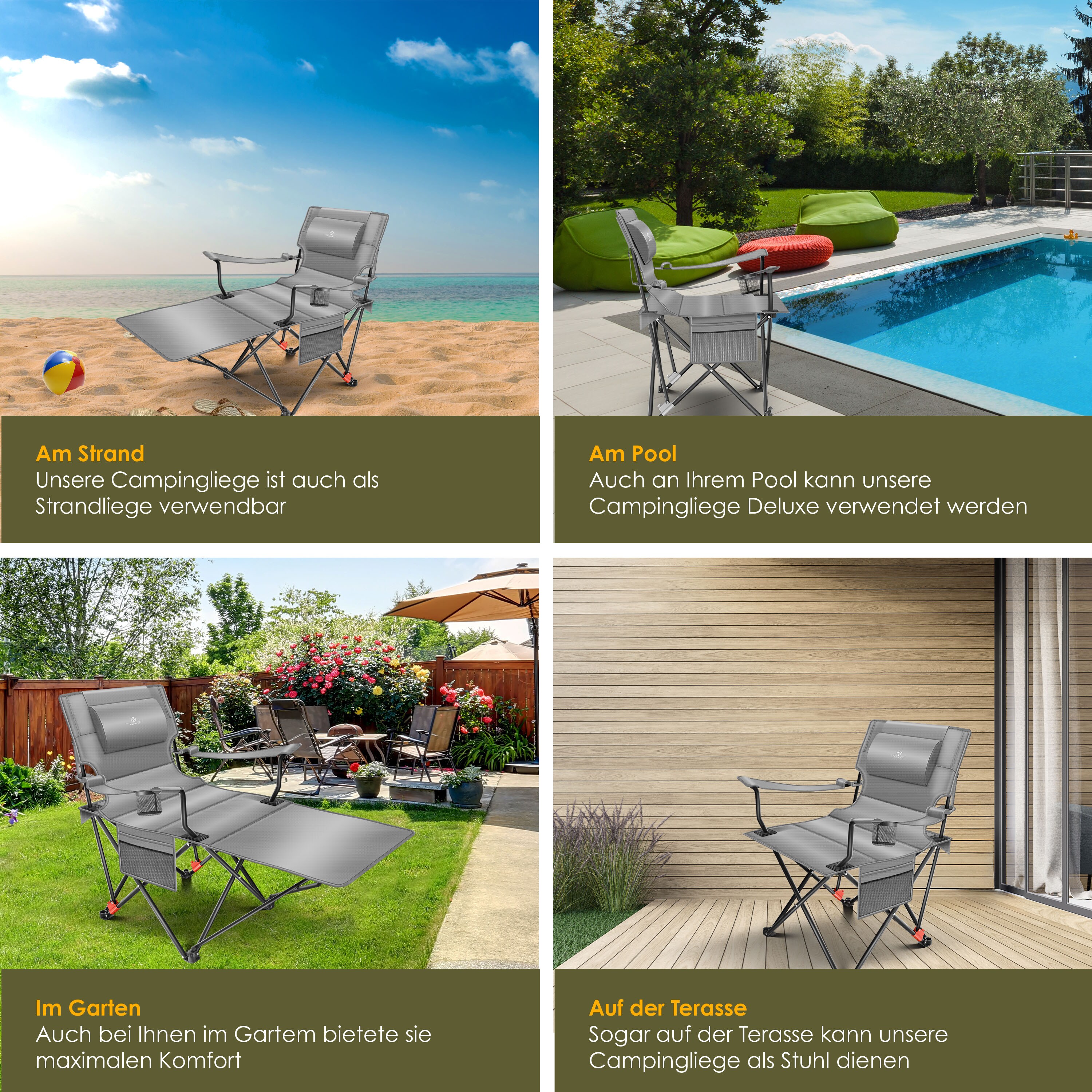 KESSER® Campingliege Campingstuhl 2in1 bis 160kg | Feldbett klappbar | Campingbett faltbar extra breit | Campinglicht & Getränkehalter + Aufbewahrungstasche & Transporttasche | Angelliege verstellbar