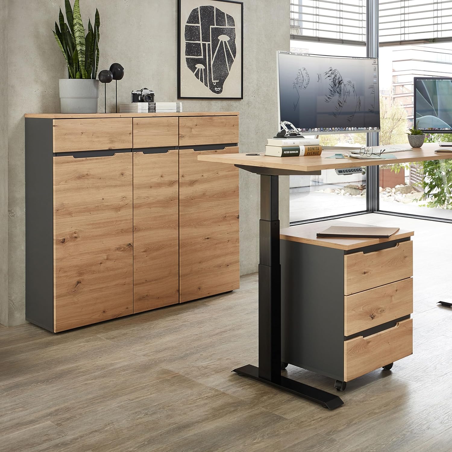 Stella Trading Memphis Aktenschrank in Artisan Eiche Optik, Graphit - Moderner Büroschrank - 45 x 122 x 38 cm (B/H/T)
