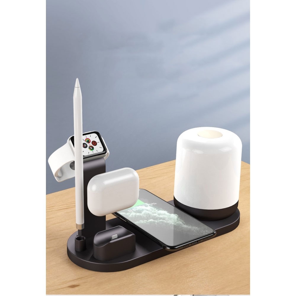 5in1 Qi Wireless Tisch Ständer Dockingstation für iPhone / AirPods / Apple Watch / Apple Pencil   Nachtlicht - Schwarz