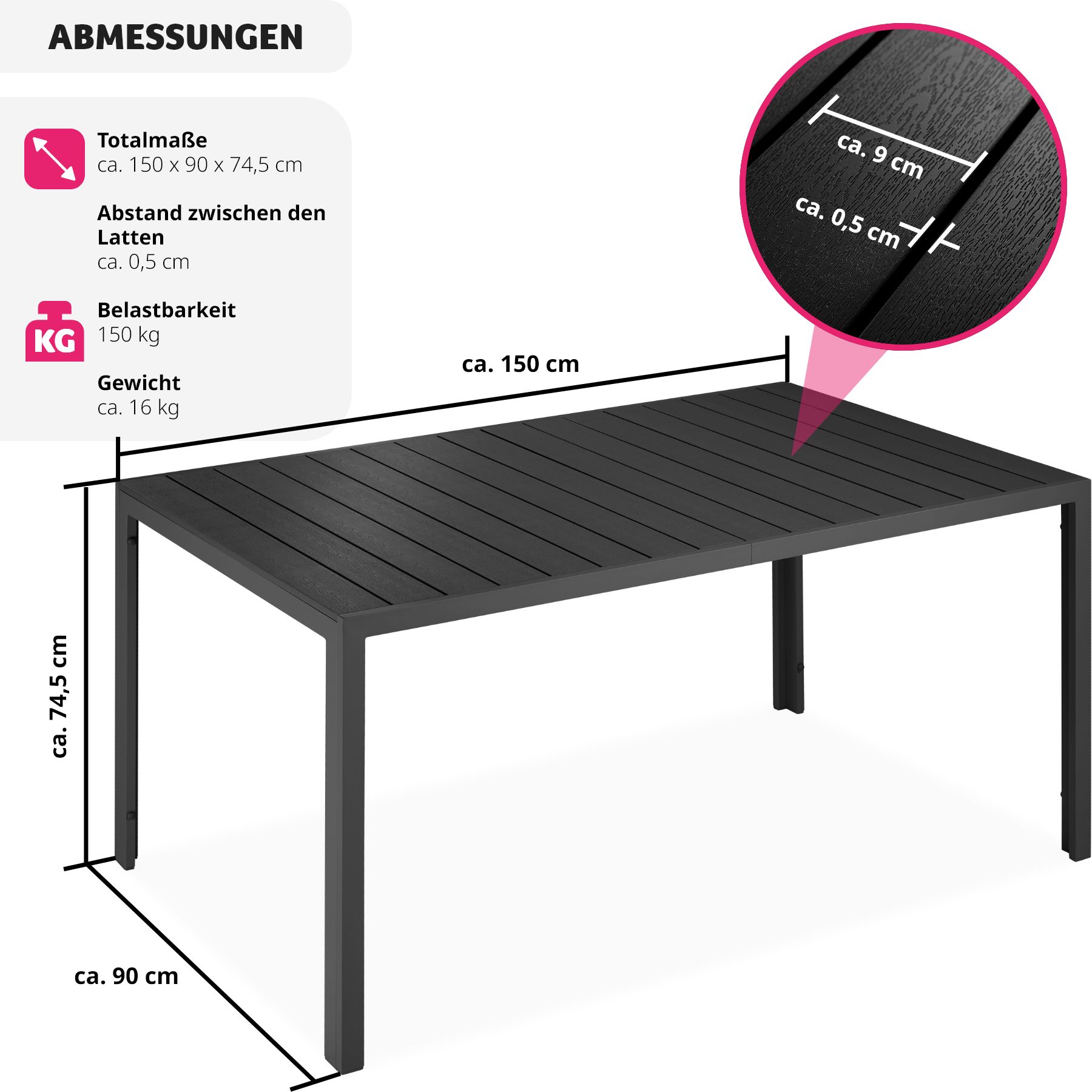 tectake® Gartentisch, aus Aluminium und Kunststoff, wetterfest und UV-beständig, 150 x 90 x 74,5 cm