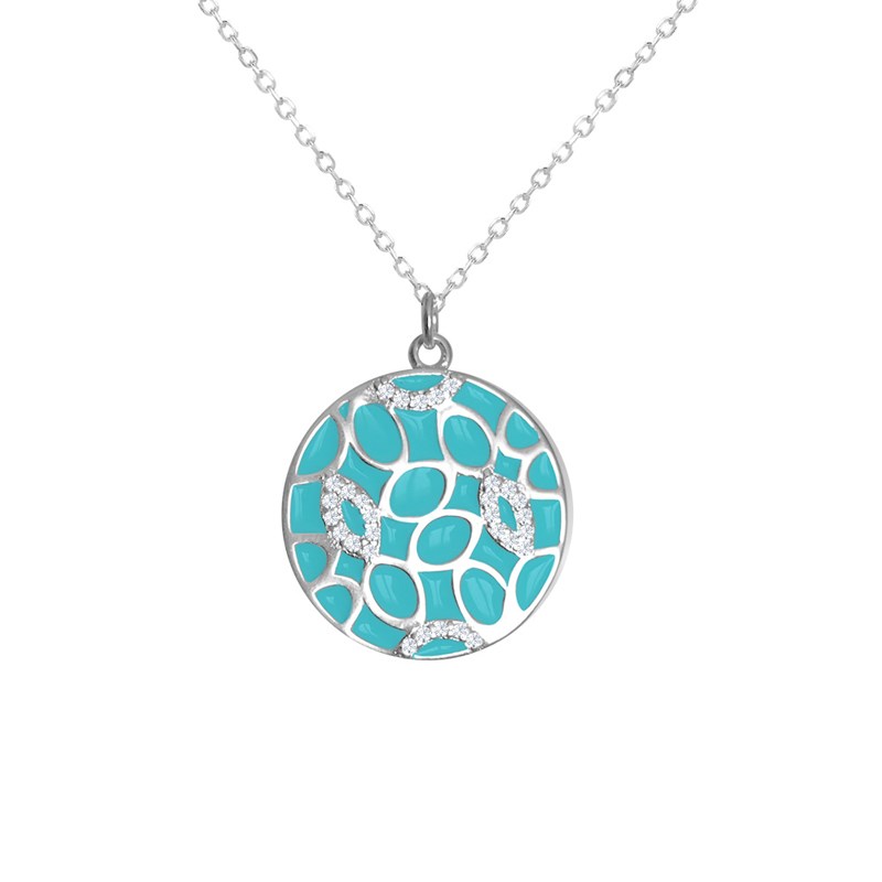Collier en argent rhodié avec émail turquoise et oxydes de zirconium