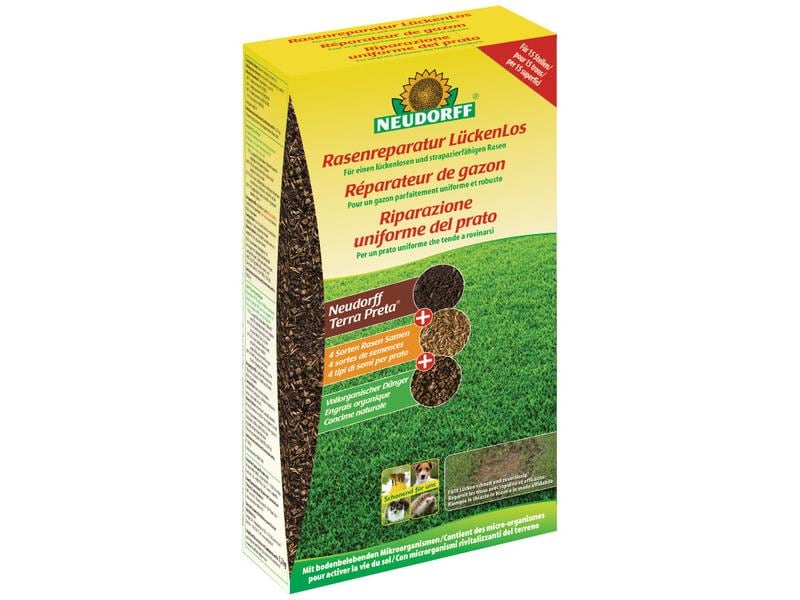 Neudorff Rasensamen Rasenreparatur LückenLos, 1.2 kg Gebrauchsfertige Spezialmischung mit natürlichem Bodenverbesserer «Neudorff Terra Preta», Rasensamen und vollorganischem Dünger