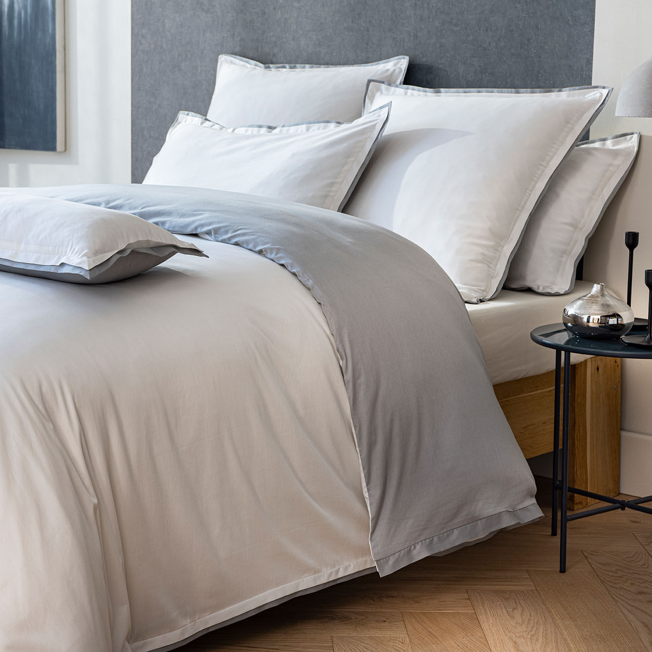 Perle de Coton Parure housse de couette en Satin de Coton Bryant blanc/gris