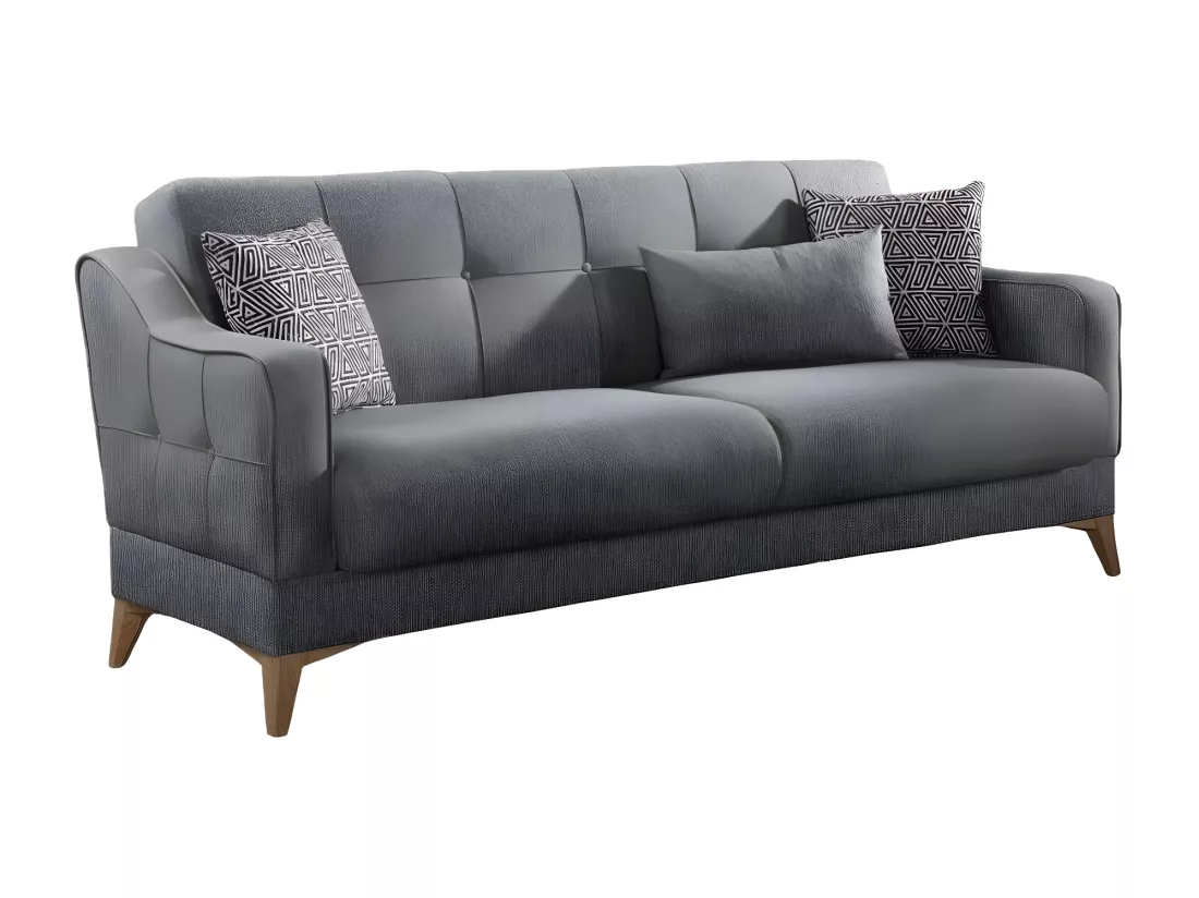 Canapé Juan, Canapé de rangement 3 places linéaire avec 3 coussins inclus, Canapé de salon en tissu rembourré avec ouverture clic-clac, 207x82xh92 cm, Gris