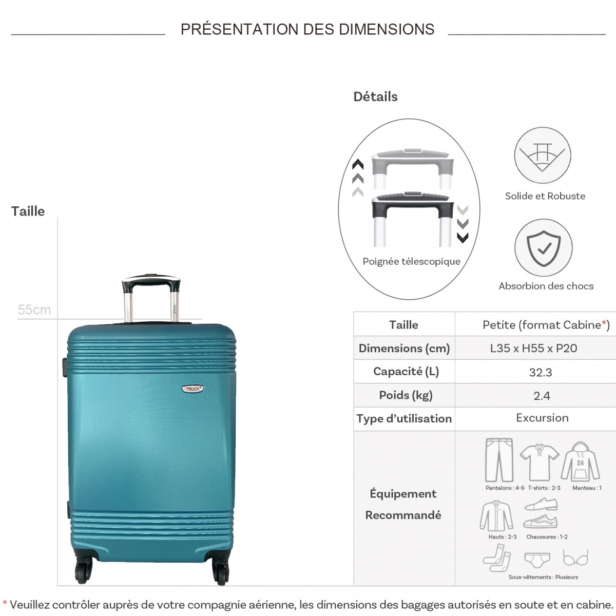 Truck Valise cabine passe-partout rigide Truck ABS 55cm