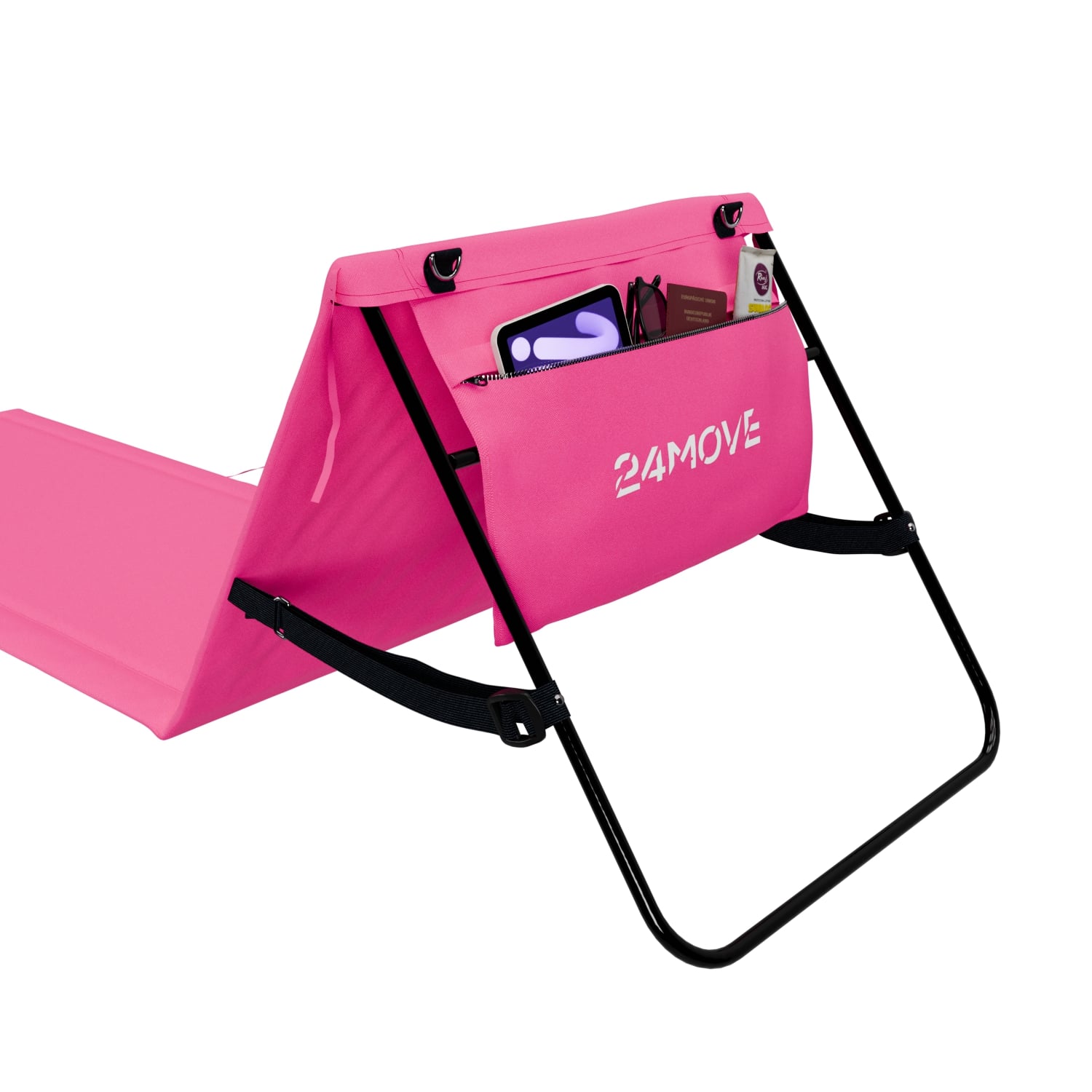 24MOVE® Strandmatte 1er Set klappbar mit Rückenlehne, Strandliege mit Gurt, tragbar für Strand und Garten, Liegematte rosa