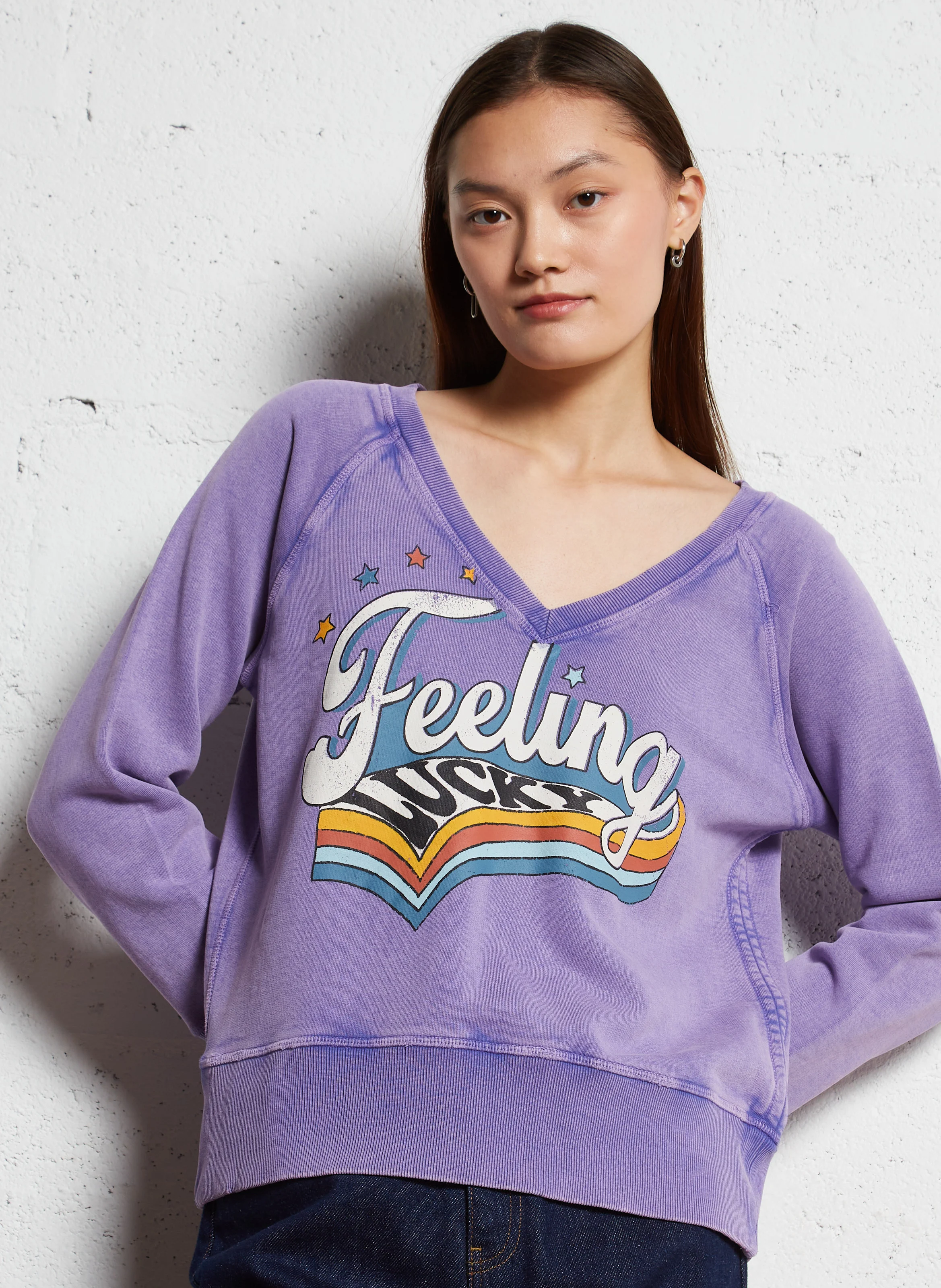 SHAVI - Sweat coupe droite col V en coton bio mélangé | Violet