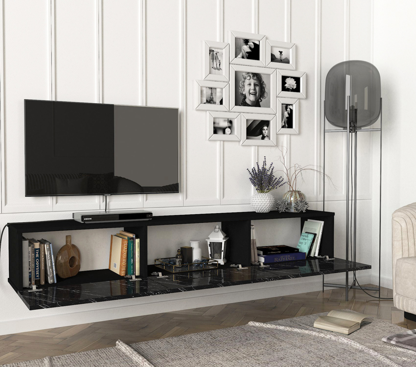 TV-Lowboard - schwarz-weiß - Marmoroptik - hängend - 180 cm