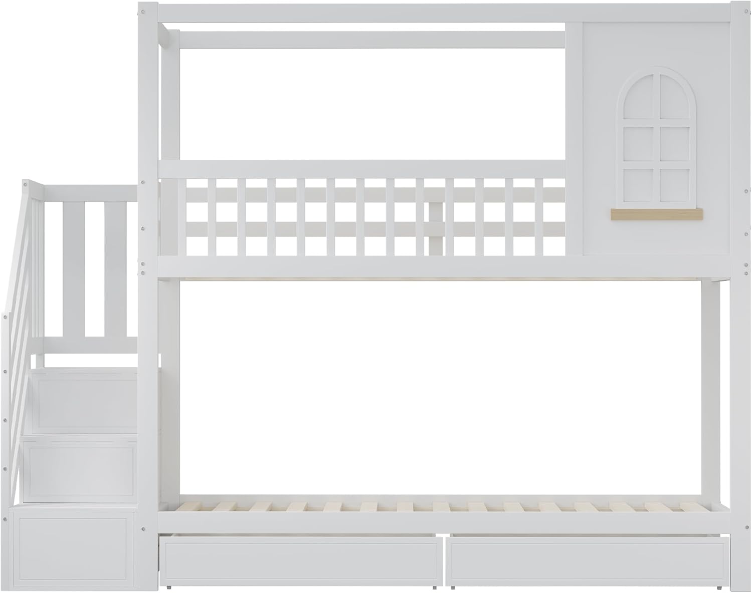 Etagenbett Kinderbett 90x200 für 2 Kinder, Hausbett Hochbett mit Treppe & 2 Stauraum Schubladen, Holzbett Bettgestell mit Rausfallschutz und Lattenrost, Kiefer Rahmen, Ohne Matratze (Weiß)
