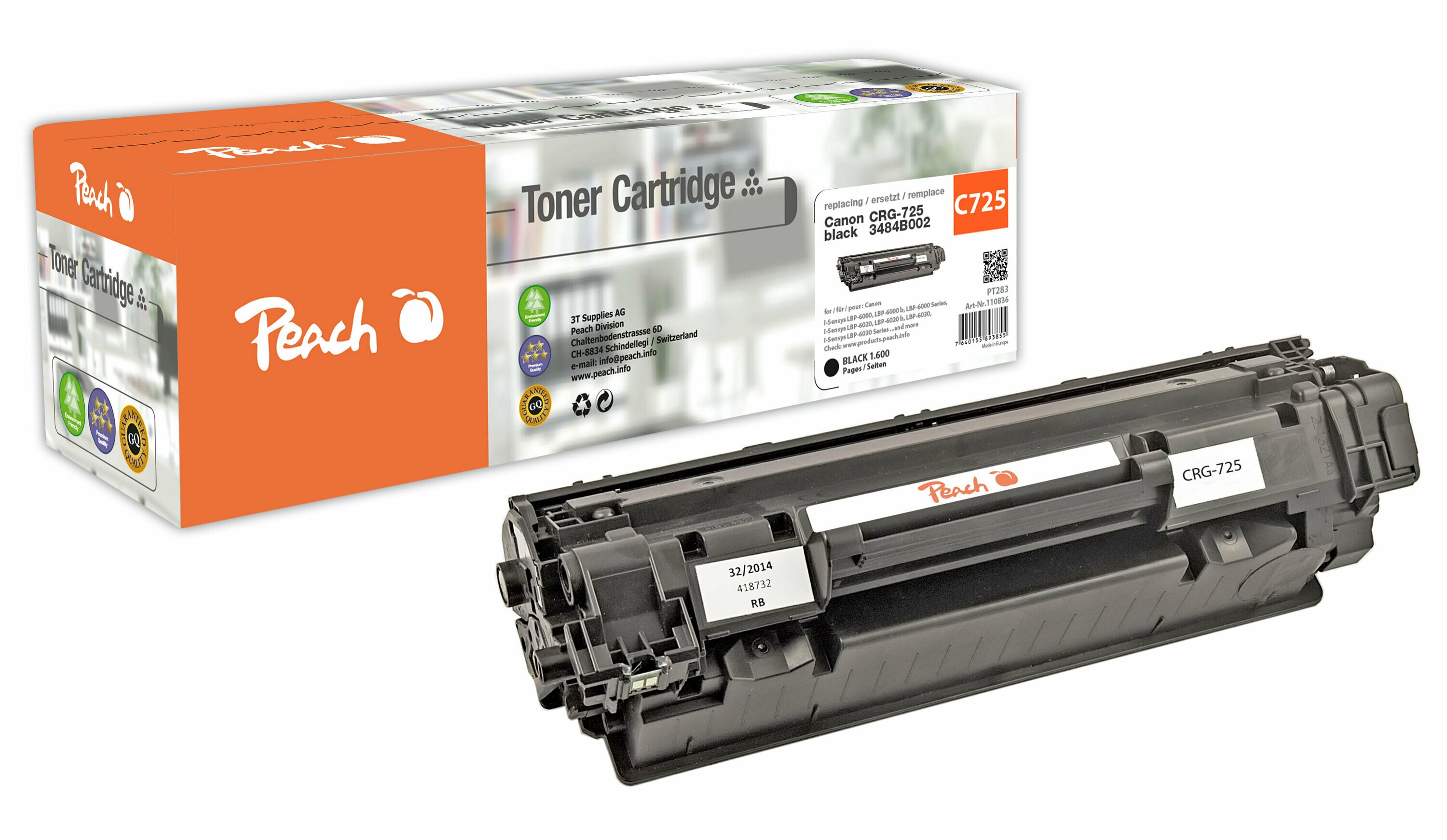 Peach HP 725Toner bk ersetzt Canon CRG-725, 3484B002 für z.B. Canon ISensys LBP -6000, Canon ISensys LBP -6000 b, Canon ISensys LBP -6020 (wiederaufbereitet)