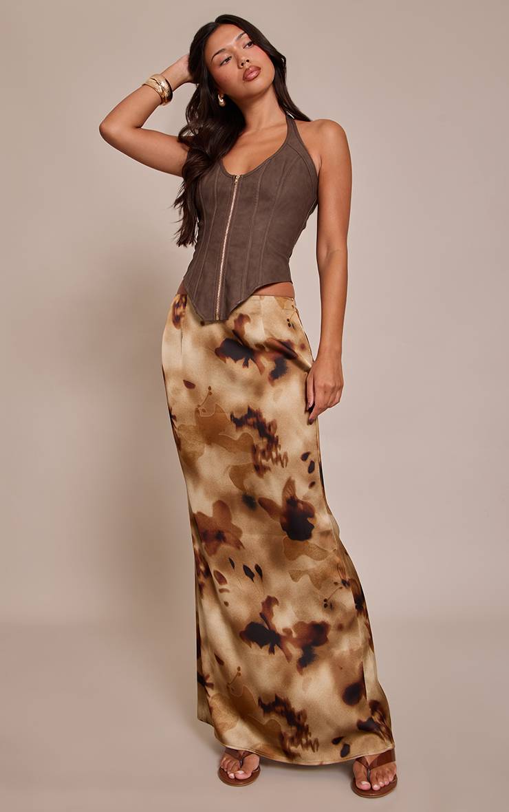 Chocolat Corset À Baleines En Synthétiquecuir Texturé Avec Ourlet Plongeant