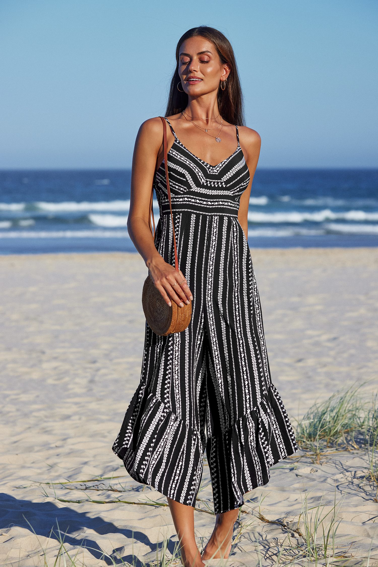Combinaison évasée sans manches à rayures boho