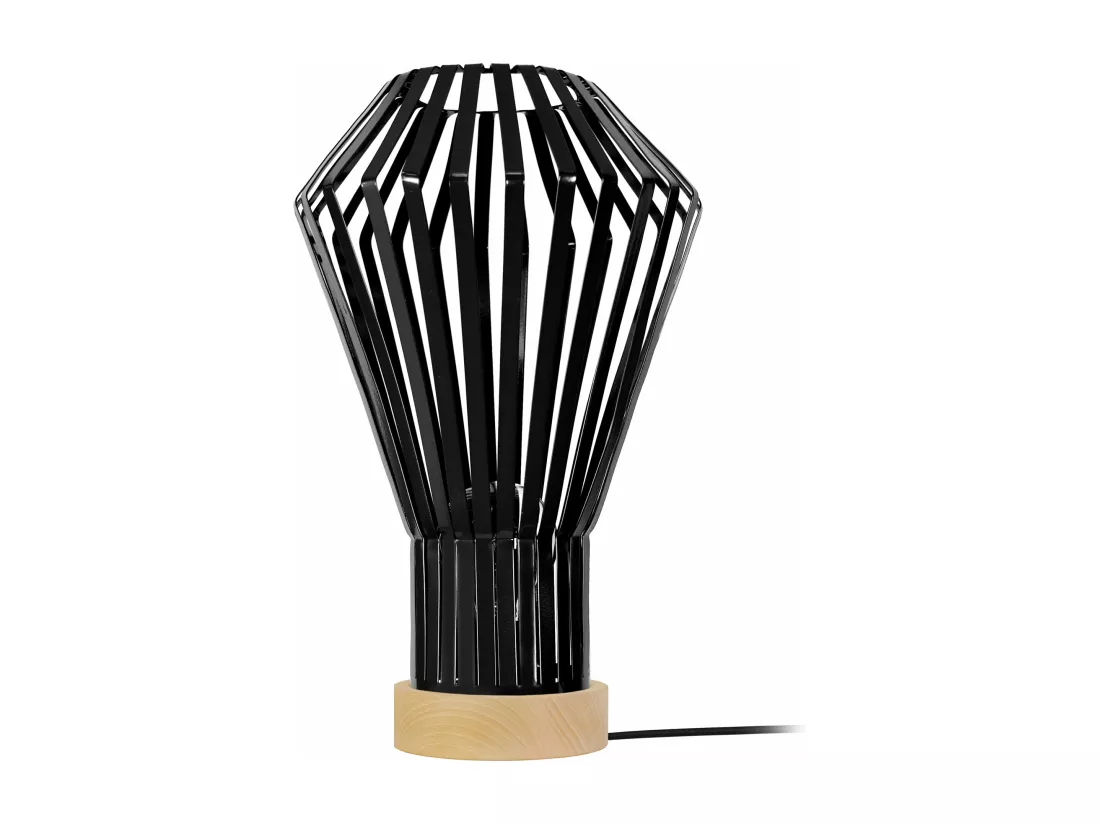 Lampe a poser bois, conique métal noir 43 cm.