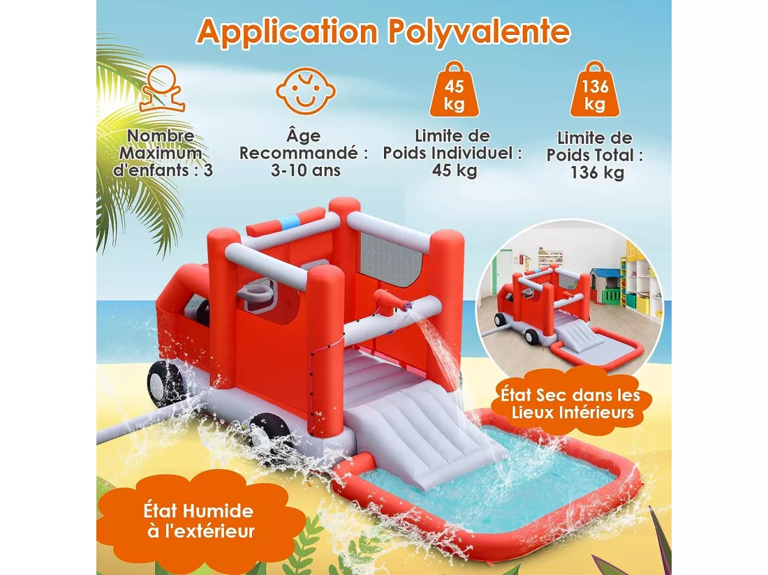 Toboggan Aquatique Gonflable pour Enfants sur Le Thème Voiture de Pompiers avec Piscine à Eclaboussures, Zone de Rebond,Ballon de Basket sans Gonfleur