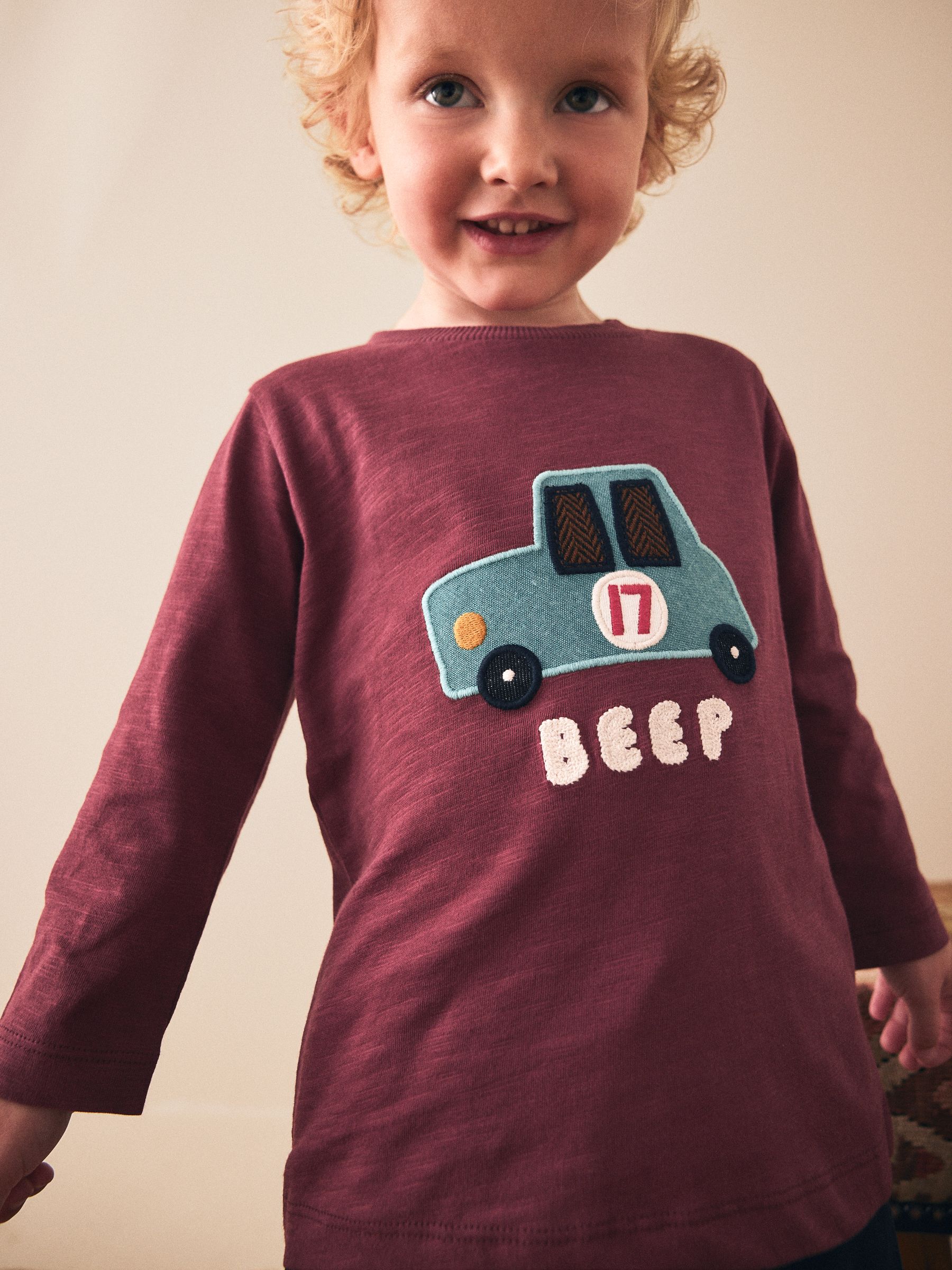 Berry Rood Auto - T-shirt met applicatie en lange mouwen (3 mnd-7 jr)