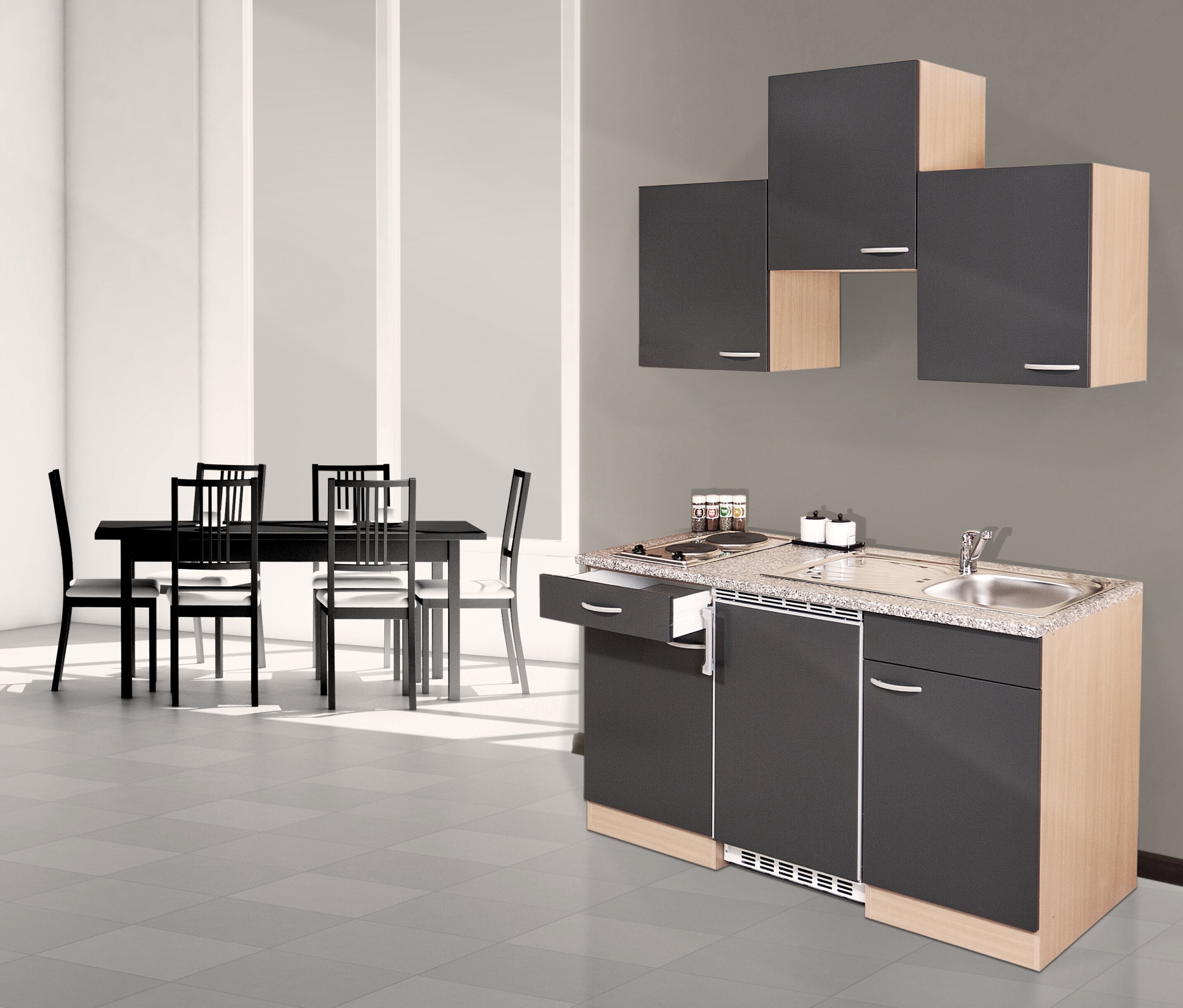 Respekta Küchenzeile KB150BG 150 cm Grau-Buche Nachbildung