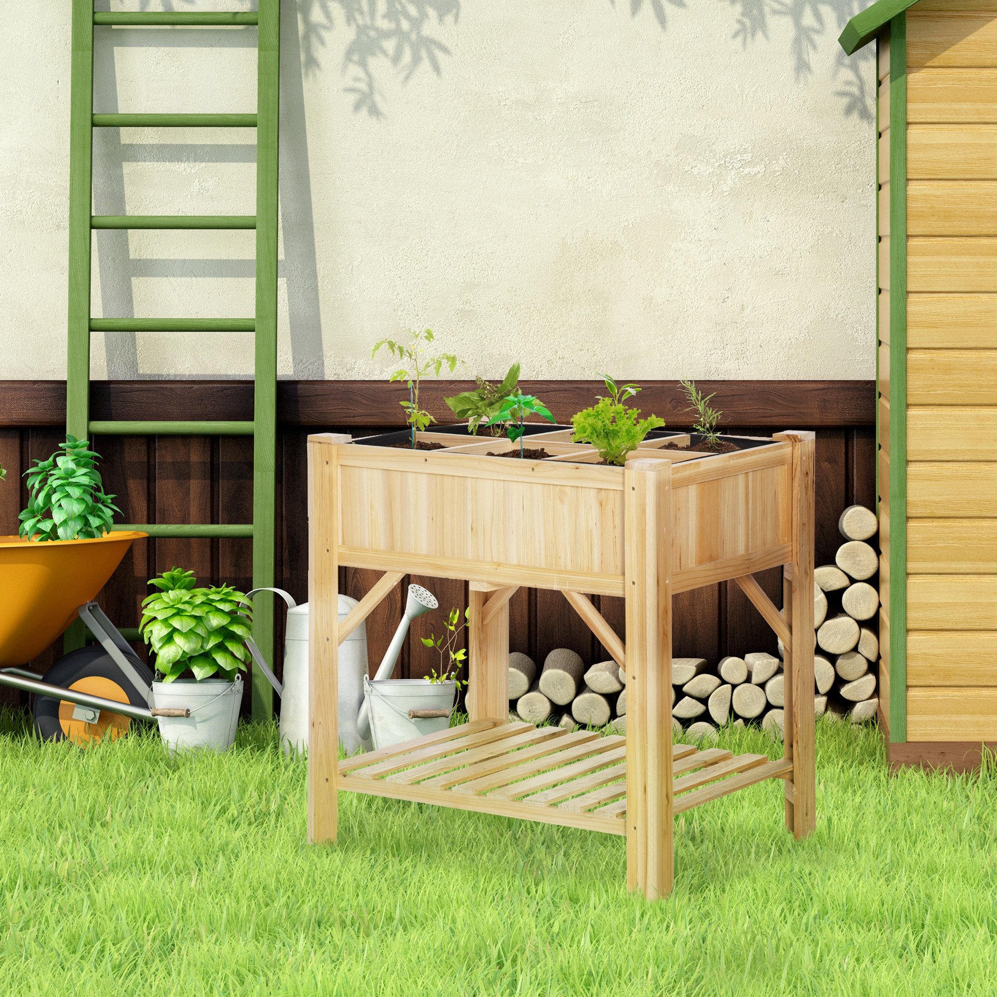 Canteiro elevado de madeira Outsunny Urban Garden, 78,5 x 58 x 81 cm, com 6 compartimentos e prateleira inferior, ideal para plantas e flores em jardins, terraços e áreas externas. Cor natural.