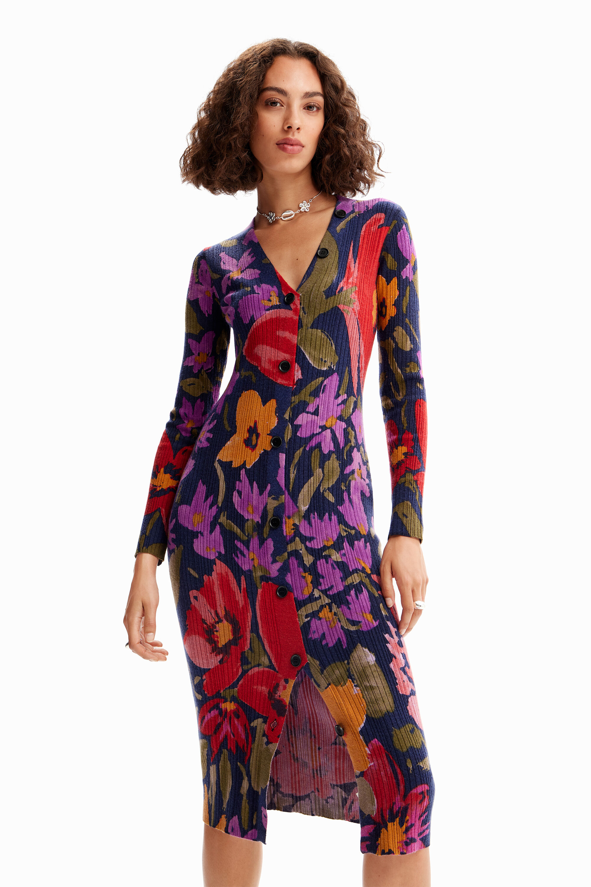Vestido midi floral de tricô