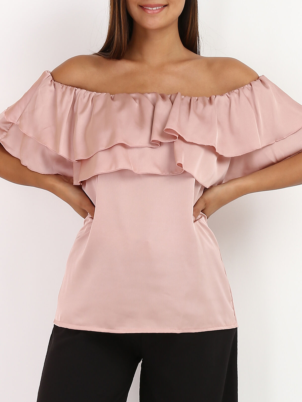 Top satiné à col bardot avec volants- Vieux rose