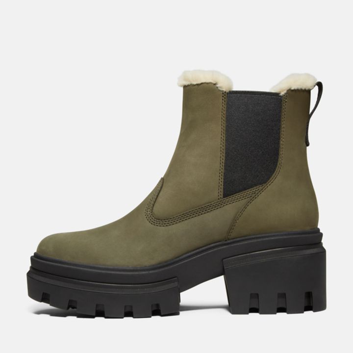 Bota Chelsea Everleigh com forro quente para mulheres, na cor verde-escura.
