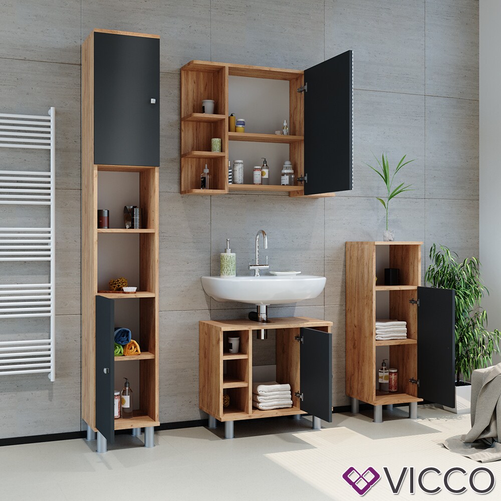 VICCO Badschrank FYNN 190 x 30 cm Eiche Anthrazit Badezimmerschrank Hochschrank