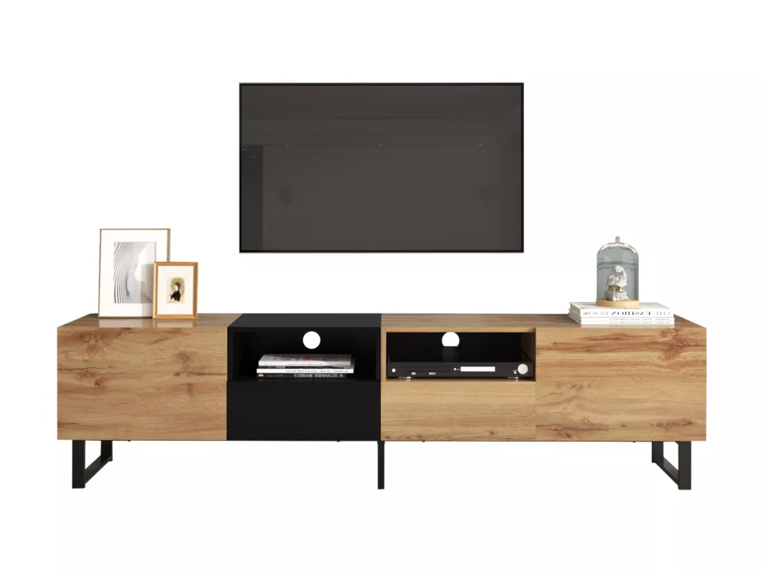 Meuble TV 190cm, avec 2 tiroir, 2 portes, 2 compartiment ouvert, style scandinave, Commode TV en chêne sauvage - Marron