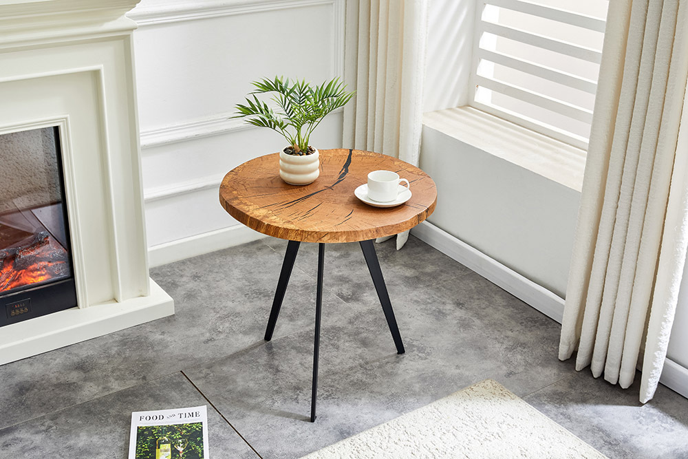 Runder Couchtisch ARBOR 55cm natur Eiche Massivholz schwarz Metall Beistelltisch