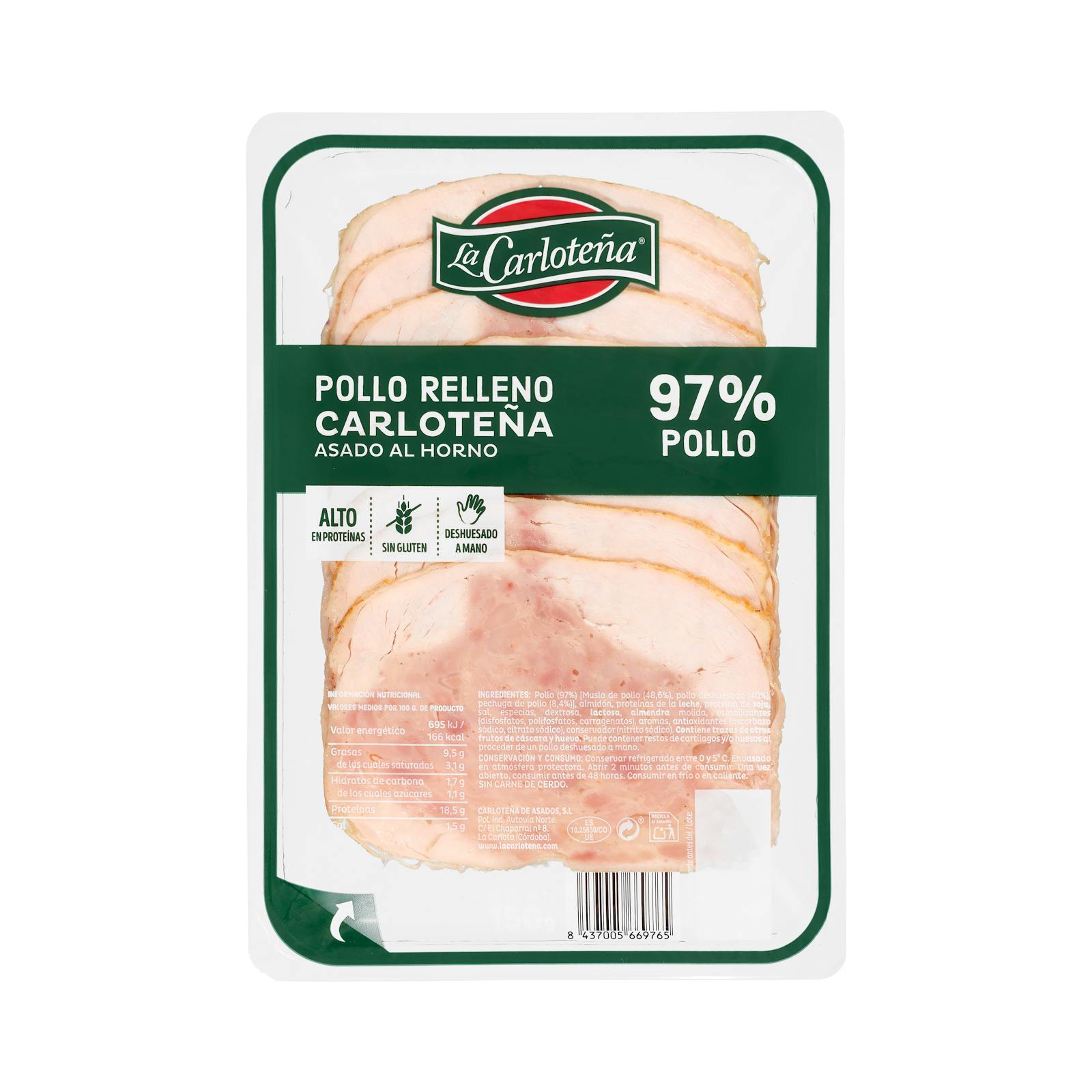 Poulet farci à 97 % La Carloteña, rôti au four, tranché